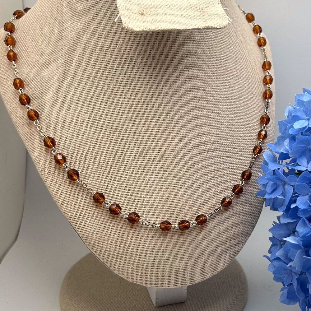 Vintage Amber Glass Faceted Crystal Beaded Sterling Silver Clasp Necklace 20"